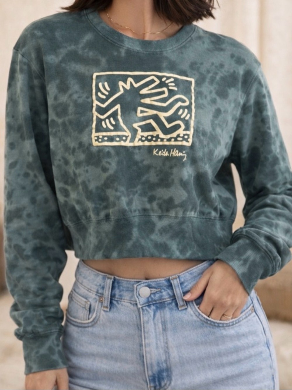 Keith Haring | Green | Tie Dye | Cropped Graphic Sweatshirt